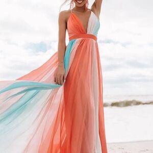 Luxxel Coral, Aqua & White V-Neck Colorblock Maxi Dress